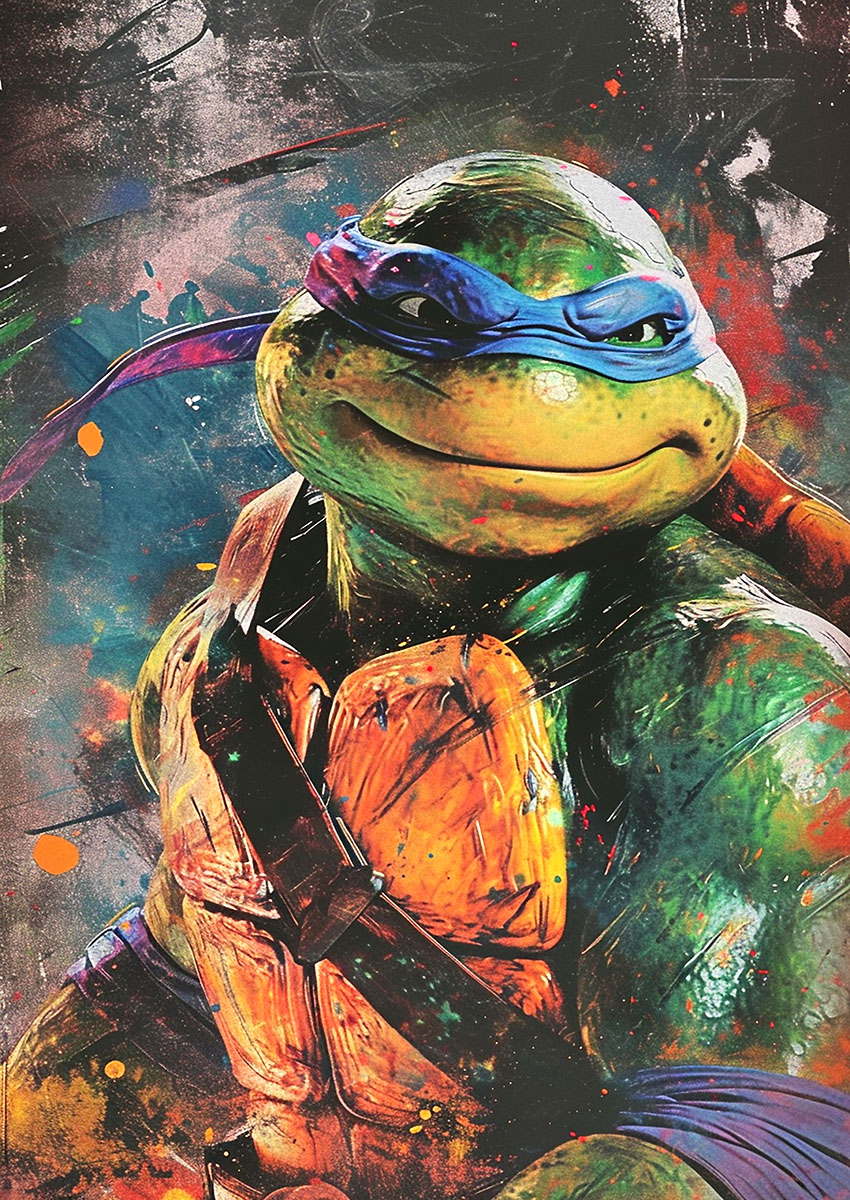 Vibrant artwork of a Leonardo Turtle style character with dynamic colours and expression.